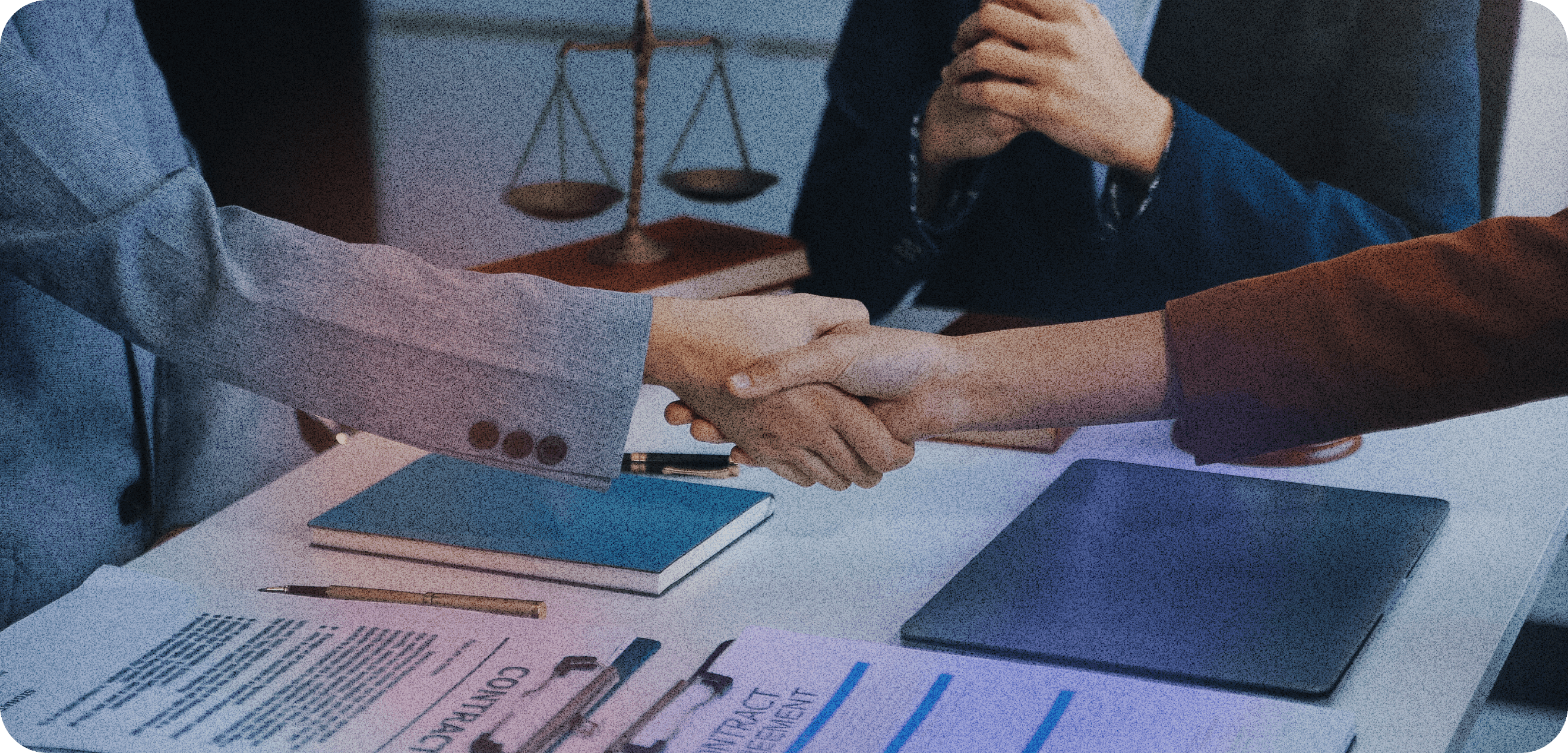 Lawyer handshake and legal balance